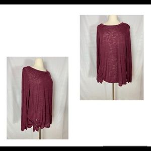 Bobeau Tie Front Long Sleeve Top XL Burgundy Red